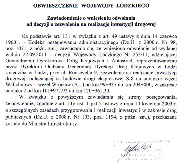 Zdjęcie Obwieszczenie Wojewody Łódzkiego - Zawiadomienie o wniesieniu odwołania od decyzji o zezwoleniu na realizację inwestycji drogowej _012_273153