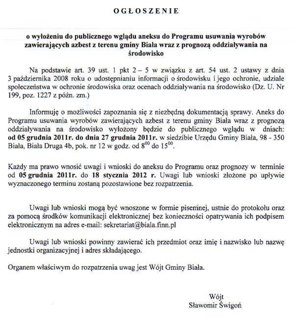 Zdjęcie Ogłoszenie o wyłożeniu do publicznego wglądu aneksu do Programu usuwania wyrobów zawierających azbest z terenu gminy Biała wraz z prognozą oddziaływania na środowisko _012_277350