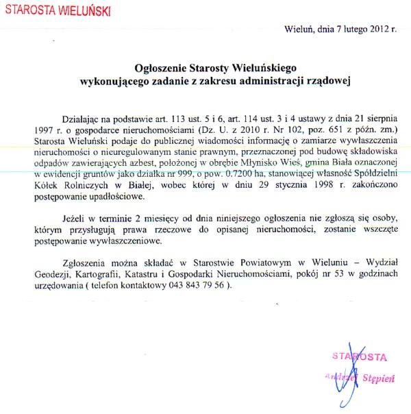 Zdjęcie Ogłoszenie Starosty Wieluńskiego wykonującego zadanie z zakresu administracji rządowej _012_288046