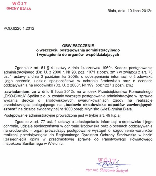 Zdjęcie Obieszczenie o wszczęciu postępowania administracyjnego i wystąpieniu do organów współdziałających _012_306791