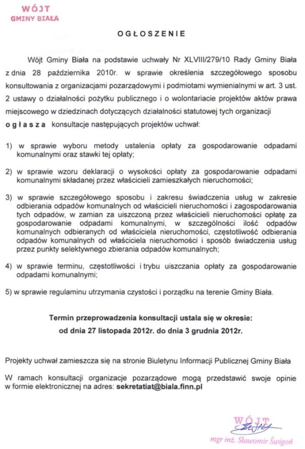 Zdjęcie Ogłoszenie Wójta Gminy Biała dot konsultacji projektów uchwał _012_325956