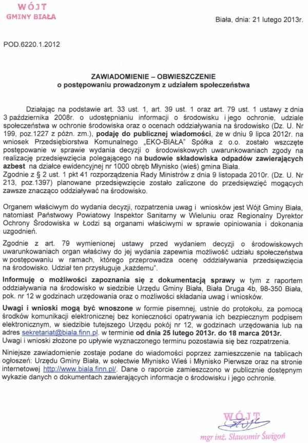 Zdjęcie ZAWIADOMIENIE-OBWIESZCZENIE o postępowaniu prowadzonym z udziałem społeczeństwa _012_337624
