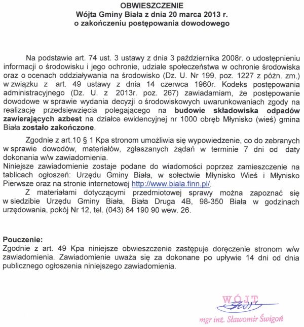 Zdjęcie Obwieszczenie Wójta Gminy Biała z dnia 20 marca 2013 r o zakończeniu postępowania dowodowego _012_341515