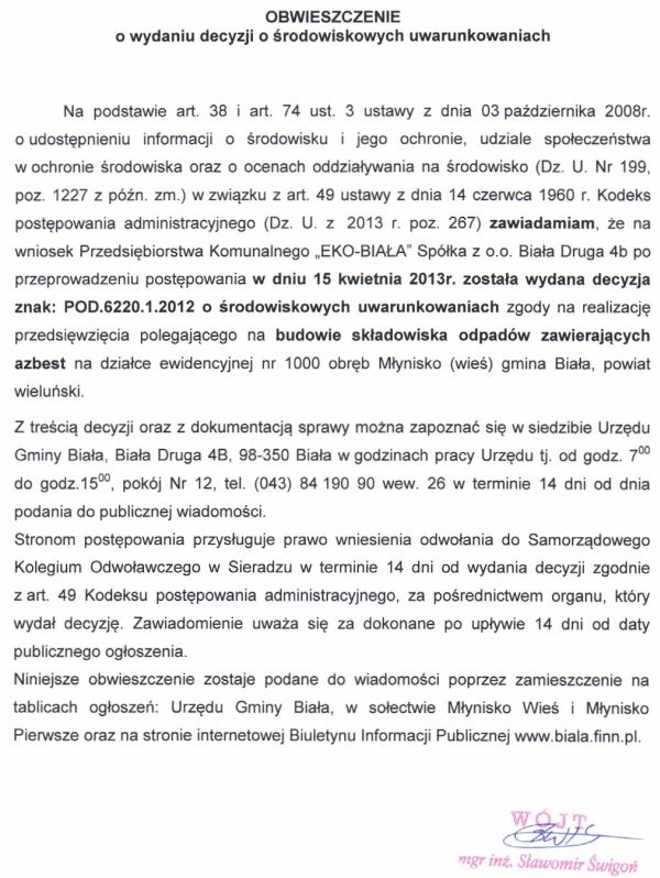 Zdjęcie Obwieszczenie o wydaniu decyzji o środowiskowych uwarunkowaniach _012_344969