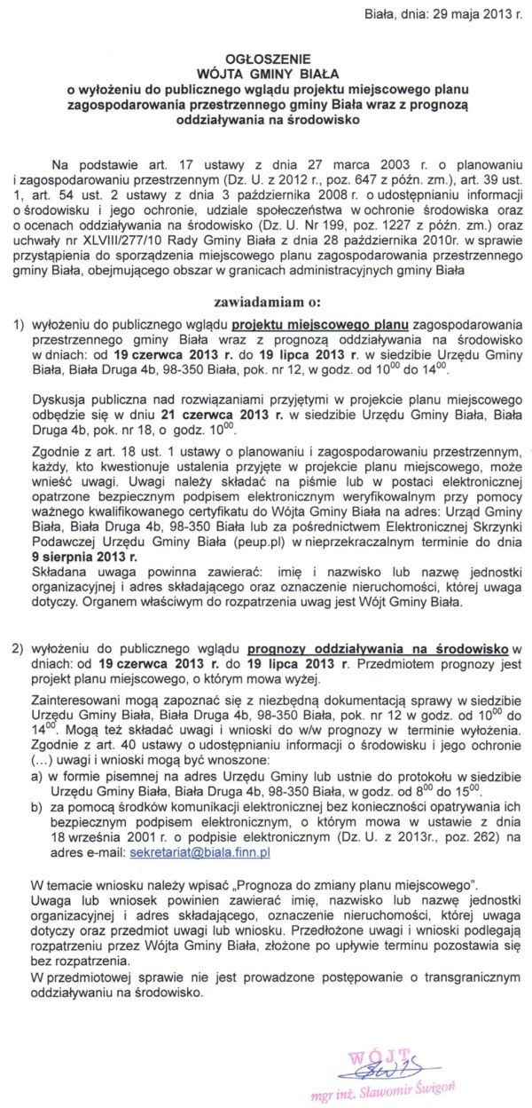 Zdjęcie Ogłoszenie Wójta Gminy Biała o wyłożeniu do publicznego wglądu projektu miejscowego planu zagospodarowania przestrzennego gminy Biała wraz z prognozą oddziaływania na środowisko _012_351942