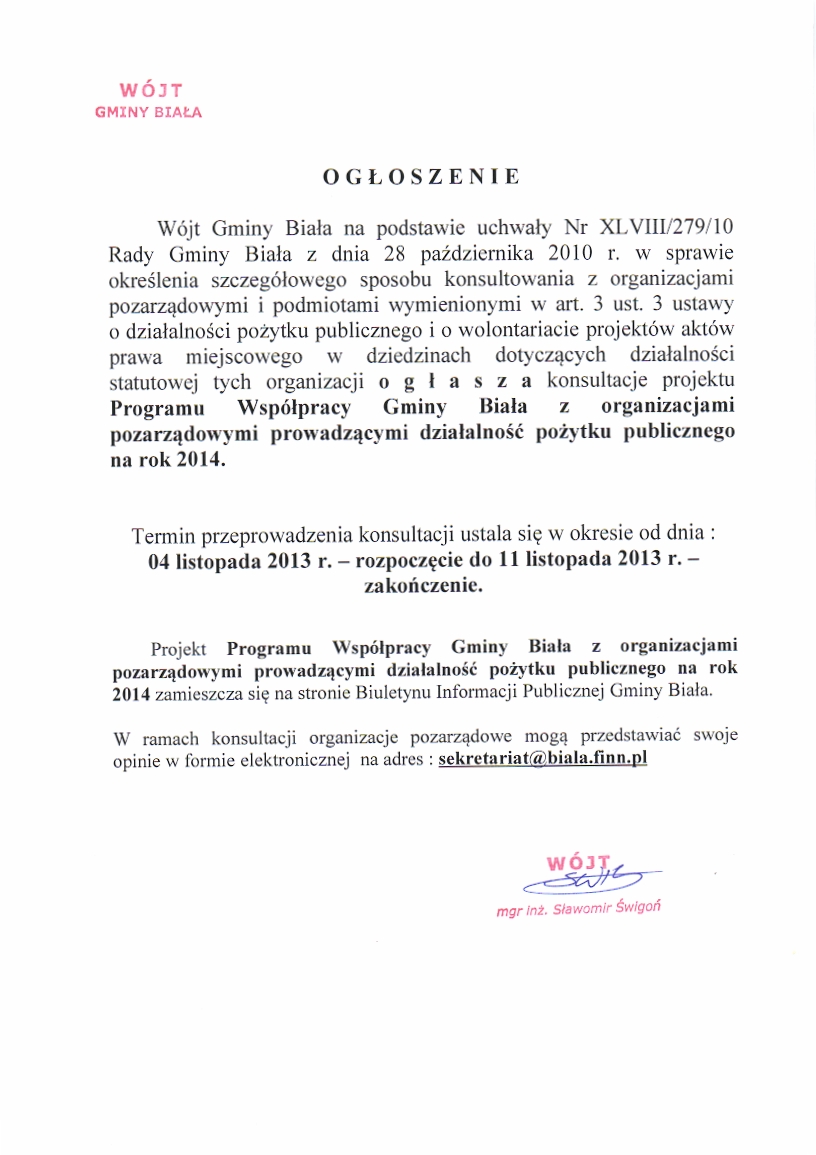 Zdjęcie Ogłoszenie w sprawie konsultacji projektu Programu Współpracy Gminy Biała z organizacjami pozarządowymi prowadzącymi działalność pożytku publicznego na rok 2014 _012_372346