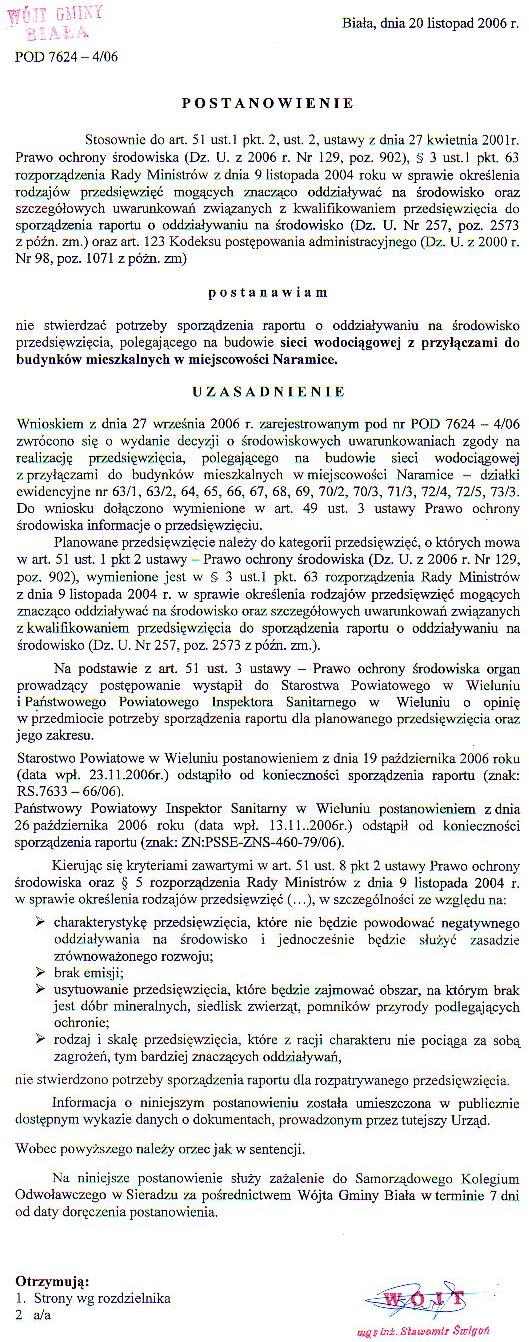 Zdjęcie Postanowienie (dot budowy sieci wodociągowe w miejscowości Naramice) _012_76388