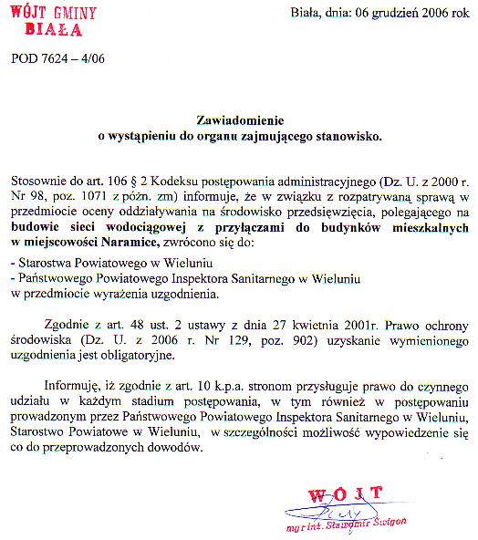 Zdjęcie Zawiadomienie do organu zajmującego stanowisko (budowa wodociądu w miejscowości Naramice) _012_77407