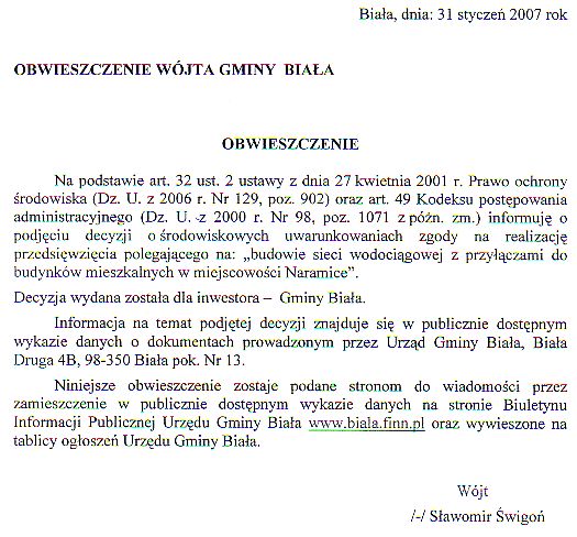 Zdjęcie Obwieszczenie dot budowy sieci wodociągowej w miejscowości Naramice _012_81862