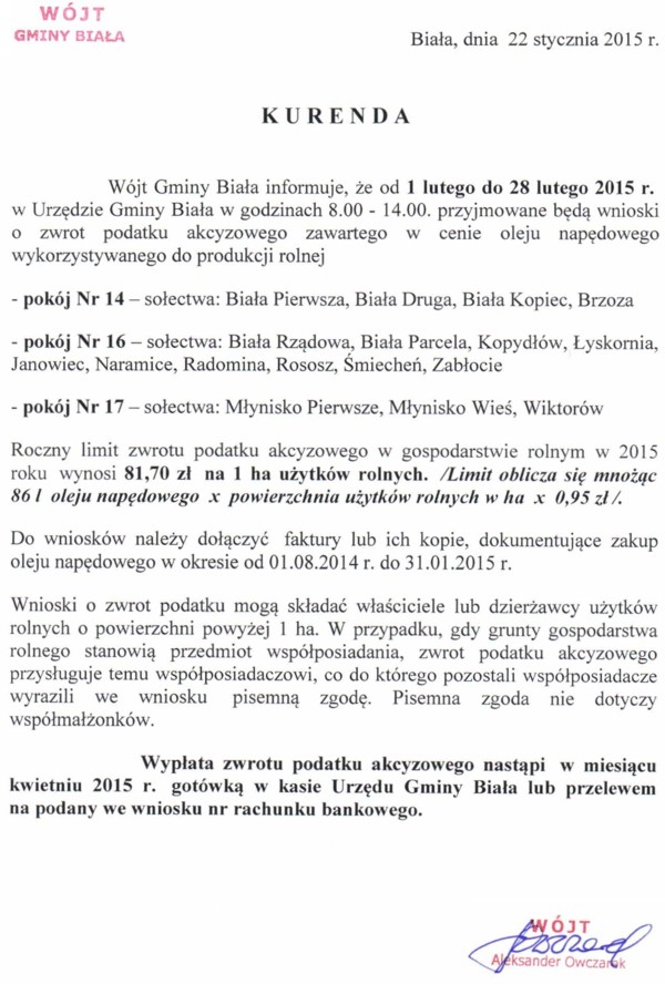 Zdjęcie Kurenda - zwrot podatku akcyzowego dla producentów rolnych 2015 _016_434507