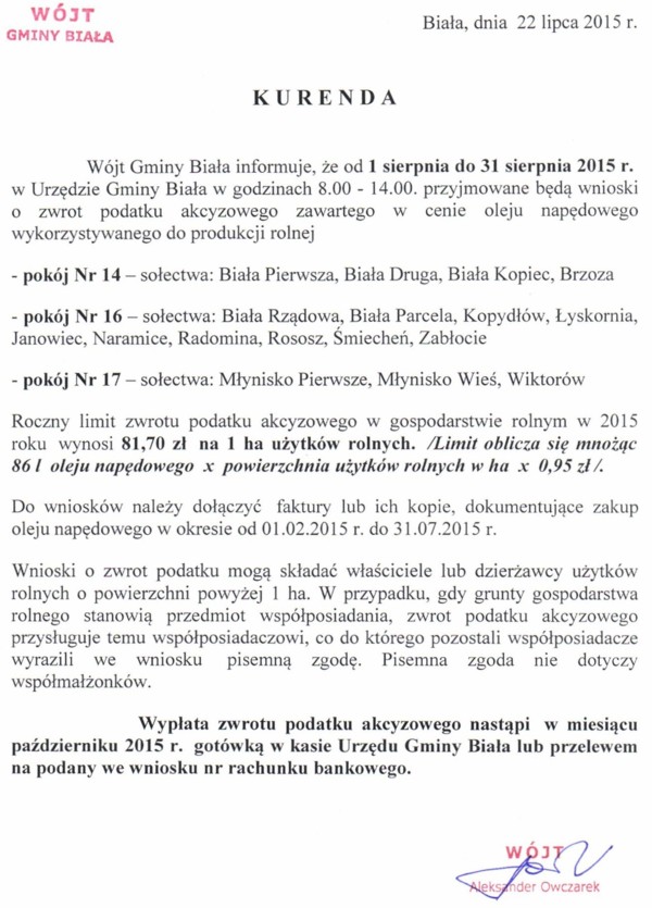 Zdjęcie Kurenda - II zwrot podatku akcyzowego dla producentów rolnych 2015 _016_462435