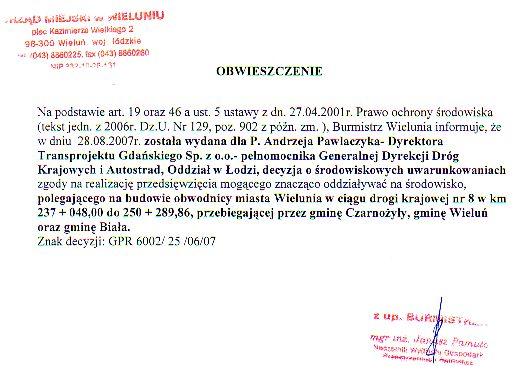 Zdjęcie Obwieszczenie w spr decyzji o środowiskowych uwarunkowaniach zgody na realizację przedsięwzięcia (budowa obwodnicy miasta Wielunia) _012_102865