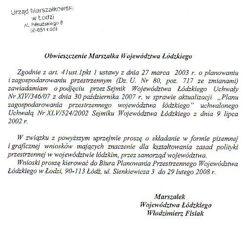 Zdjęcie Obwieszczenie Marszałka Województwa Łódzkiego dot składania wniosków majacych znaczenie dla kształtowania zasad polityki przestrzennej w woj łódzkim _012_109352