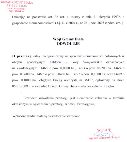 Zdjęcie Ogłoszenie - odwołanie II przetargu ustnego na sprzedaż nieruchomości położonych w obrębie geodezyjnym Zabłocie - Góry Świątkowskie _012_150592