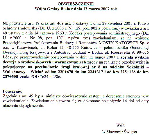 Zdjęcie Obwieszczenie Wójta Gminy Biała z dnia 12 marca 2007 roku (dotyczy przebudowy drogi krajowej Nr 8) _012_85244