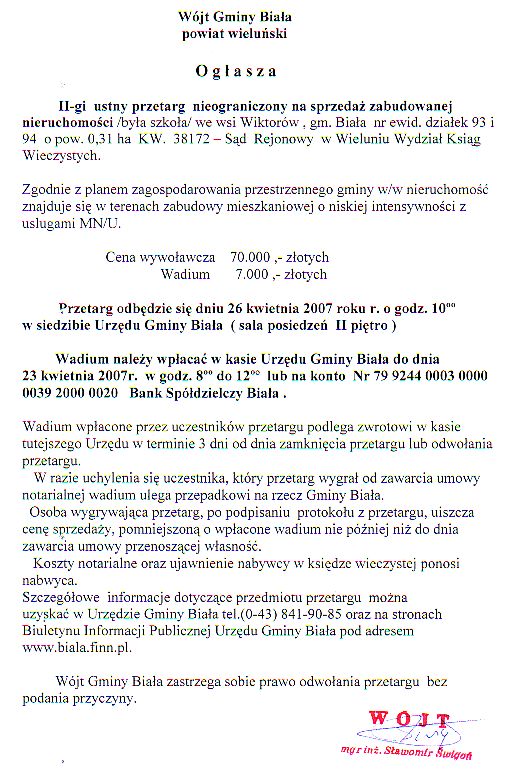 Zdjęcie Ogłoszenie o II ustnym przetargu nieograniczonym na sprzedaż zabudowanej nieruchomości we wsi Wiktorów _012_86472