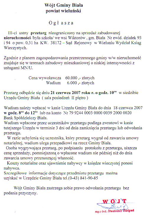 Zdjęcie Ogłoszenie o III ustnym przetargu nieograniczonym na sprzedaż zabudowanej nieruchomości we wsi Wiktorów _012_92441