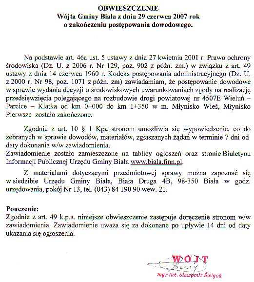 Zdjęcie Obwieszczenie Wójta Gminy Biała z dn 29 czerwca 2007 r o zakończeniu postępowania dowodowego _012_98069