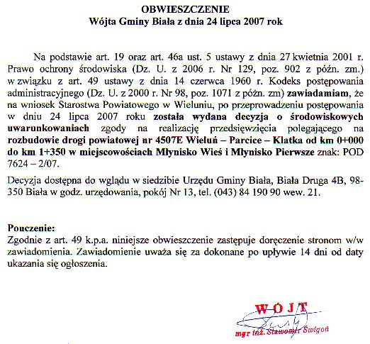 Zdjęcie Obwieszczenie dot zgody na realizacje przedięwzięcia (rozbudowa drogi powiatowej Wieluń - Parcice - Klatka) _012_99644