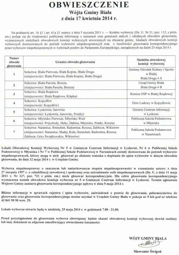Zdjęcie Obwieszczenie Wójta Gminy Biała z dnia 17 kwietnia 2014 r _043_395400